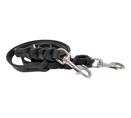 Hochwertige Fettleder-Leine 3-fach verstellbar, schwarz, 18mm, 2,45m
