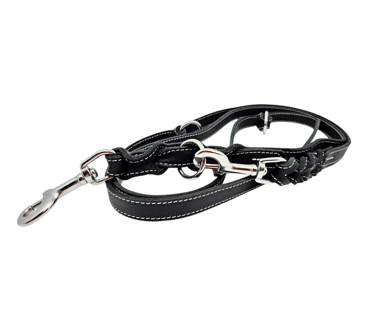 Hochwertige Fettleder-Leine 3-fach verstellbar, schwarz mit Ziernaht, 18mm, 2,45m