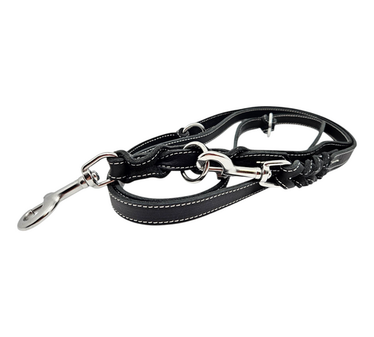 Hochwertige Fettleder-Leine 3-fach verstellbar, schwarz mit Ziernaht, 18mm, 2,45m