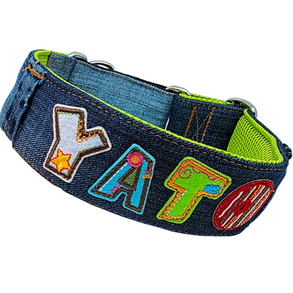 Jeans upcycling mit Namen Zugstopp & Martingale